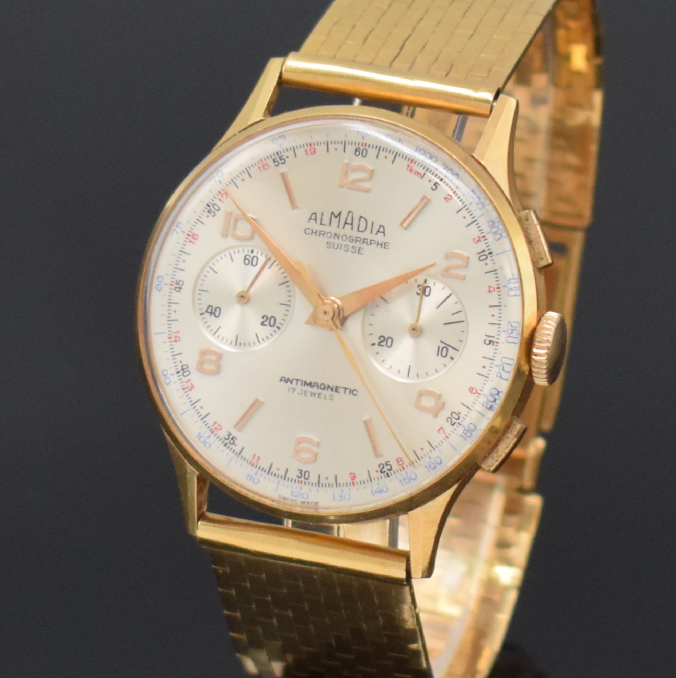 Detail a: ALMADIA / CHRONOGRAPHE SUISSE Armbandchronograph in RG 750/000, Schweiz um 1960, Handaufzug, neutr. RG 750/000 Band, Geh. dell., Metall Innengeh., ...