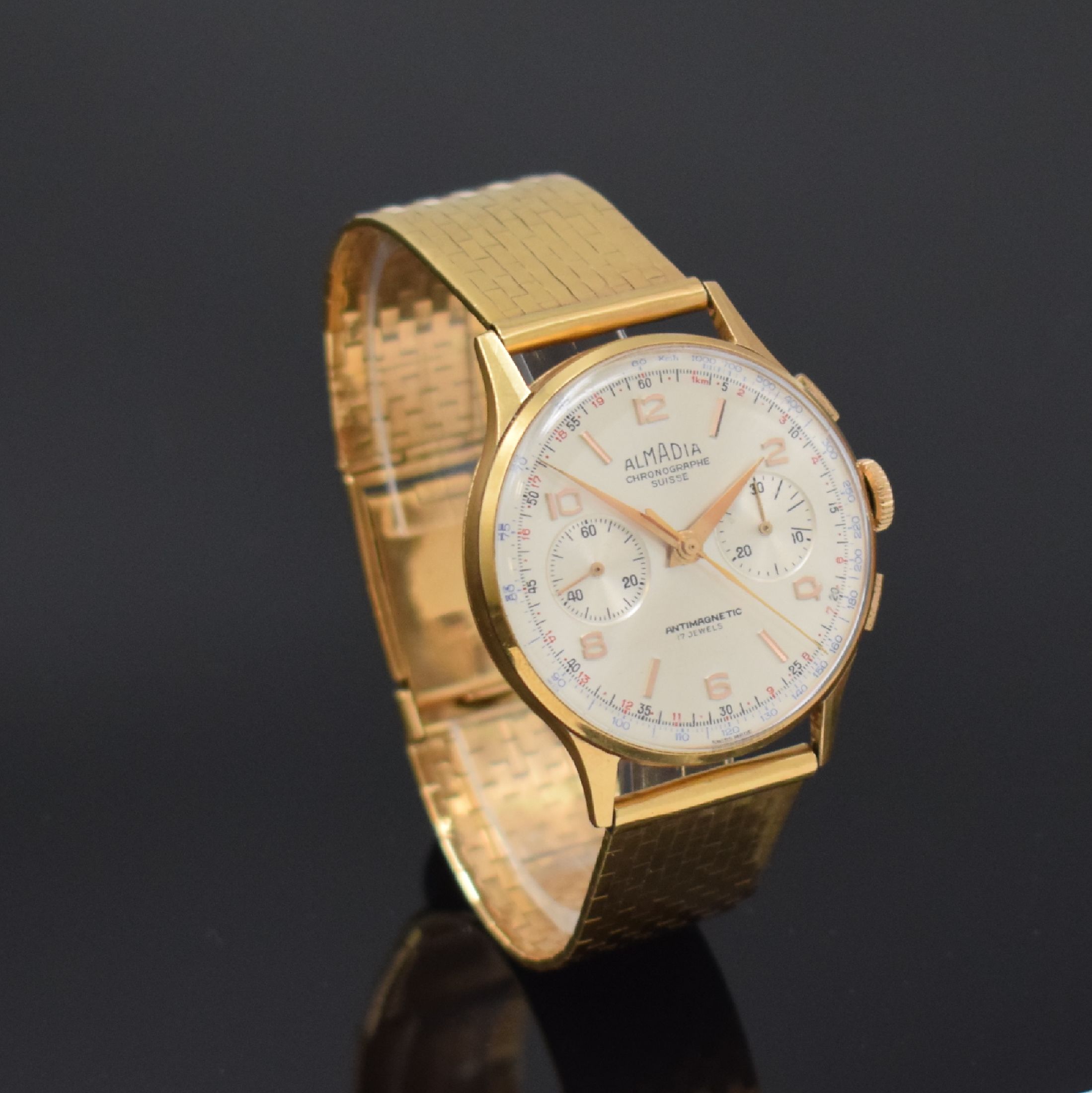 Detail b: ALMADIA / CHRONOGRAPHE SUISSE Armbandchronograph in RG 750/000, Schweiz um 1960, Handaufzug, neutr. RG 750/000 Band, Geh. dell., Metall Innengeh., ...
