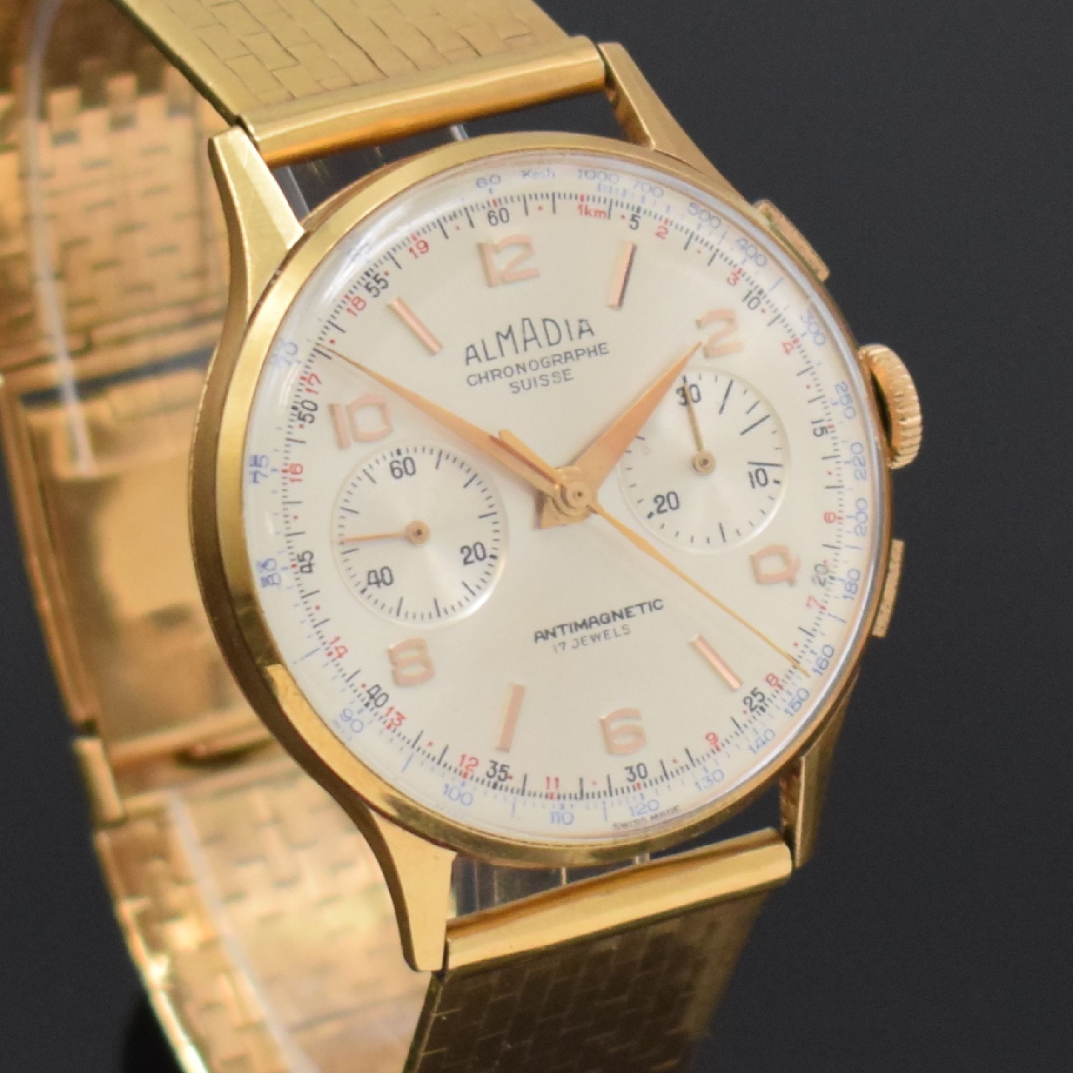 Detail c: ALMADIA / CHRONOGRAPHE SUISSE Armbandchronograph in RG 750/000, Schweiz um 1960, Handaufzug, neutr. RG 750/000 Band, Geh. dell., Metall Innengeh., ...