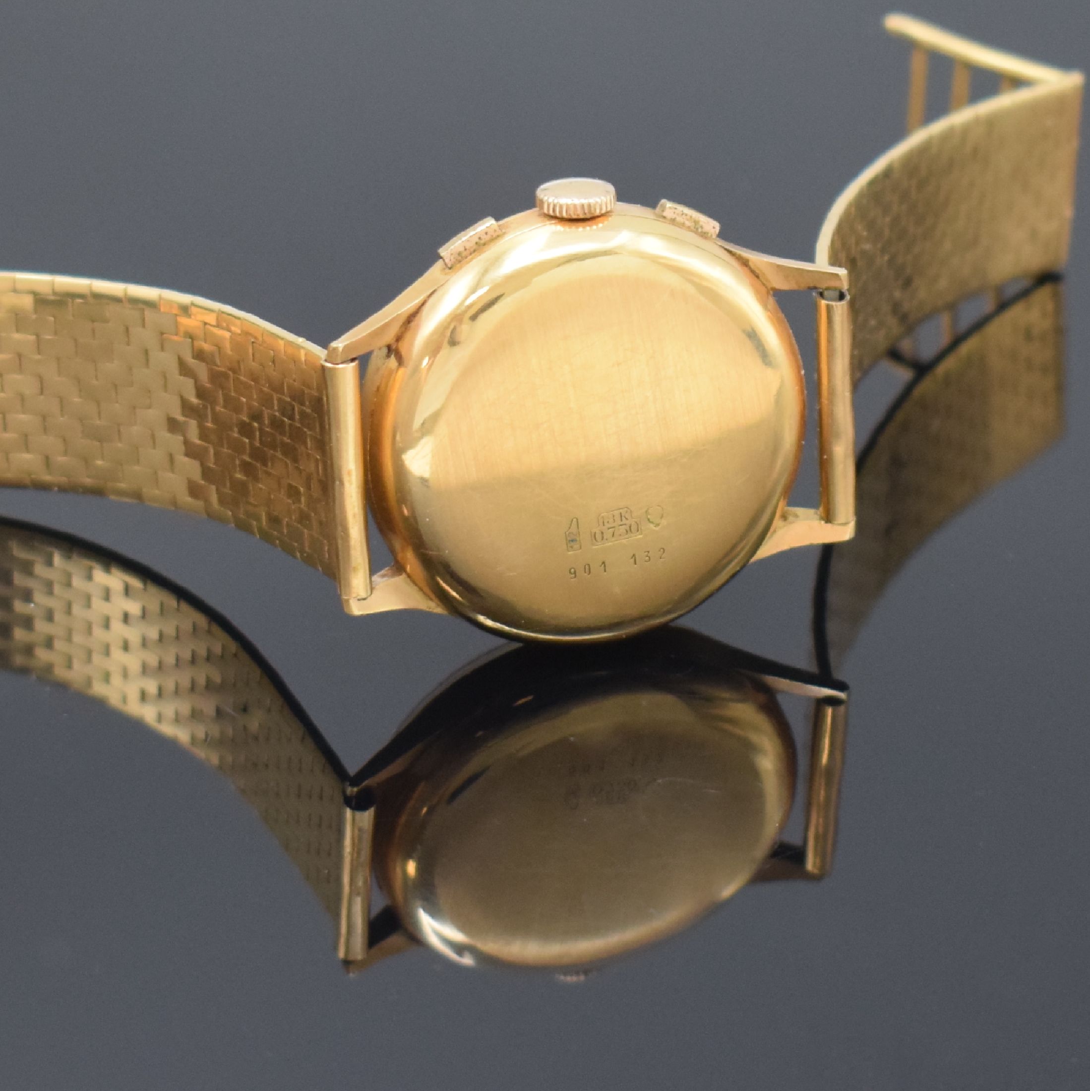 Detail d: ALMADIA / CHRONOGRAPHE SUISSE Armbandchronograph in RG 750/000, Schweiz um 1960, Handaufzug, neutr. RG 750/000 Band, Geh. dell., Metall Innengeh., ...