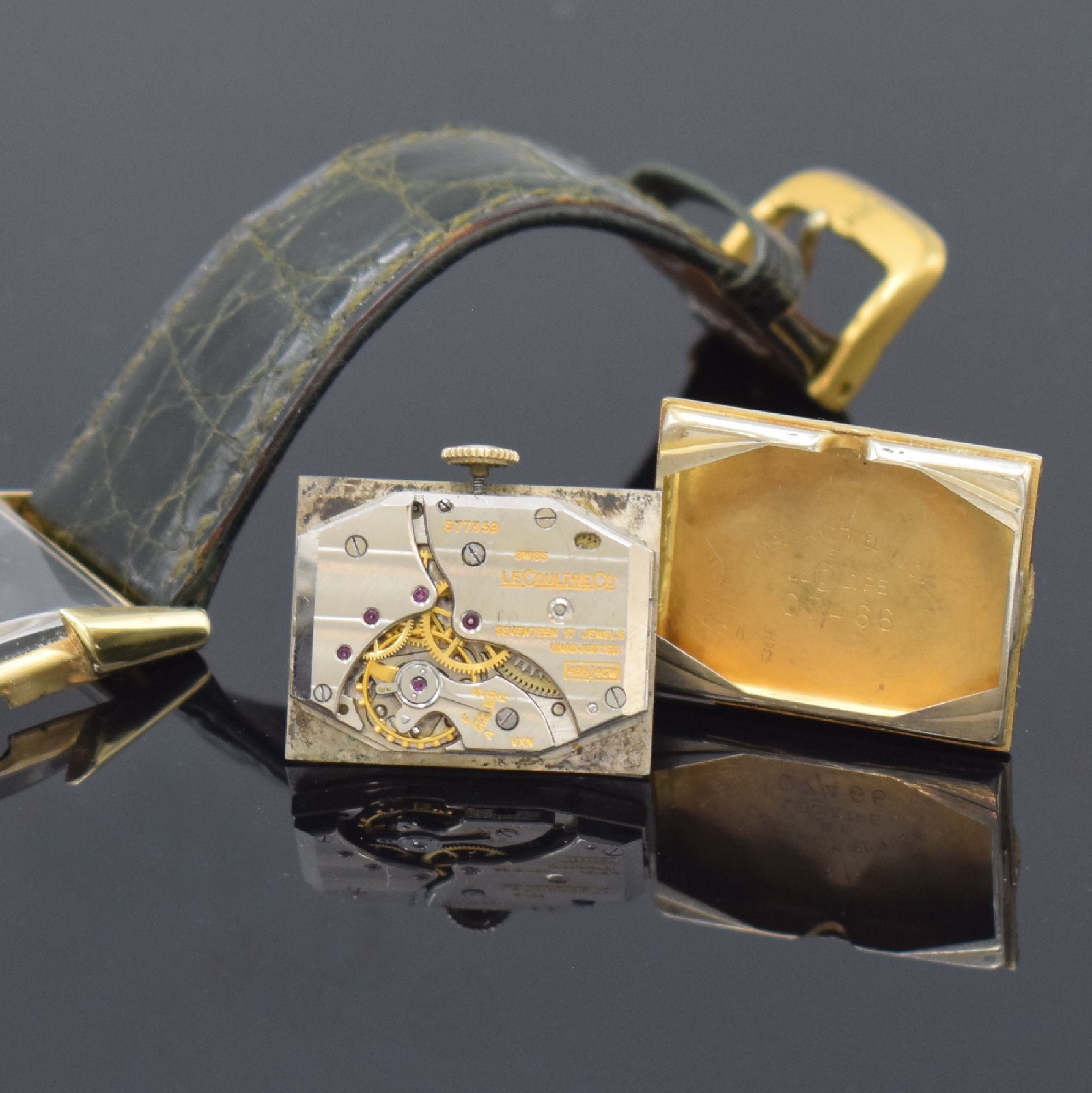 Detail f: LeCoultre Armbanduhr in GG 585/000, Schweiz/USA Ende 1940er Jahre, Handaufzug, aufw. 2-teil. Geh., Boden aufgedr., silb. Duoton-Zifferblatt rest., ...