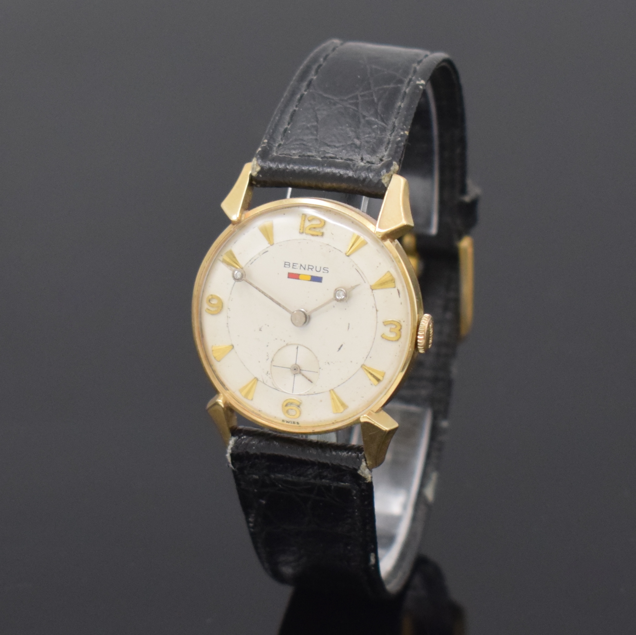 Detail a: BENRUS Armbanduhr in GG 585/000, Handaufzug, Schweiz/USA um 1955, vers. Zifferbl. m. gold. Indizes altersbed. fl., Zeiger m. Diamanten besetzt, rhod. ...