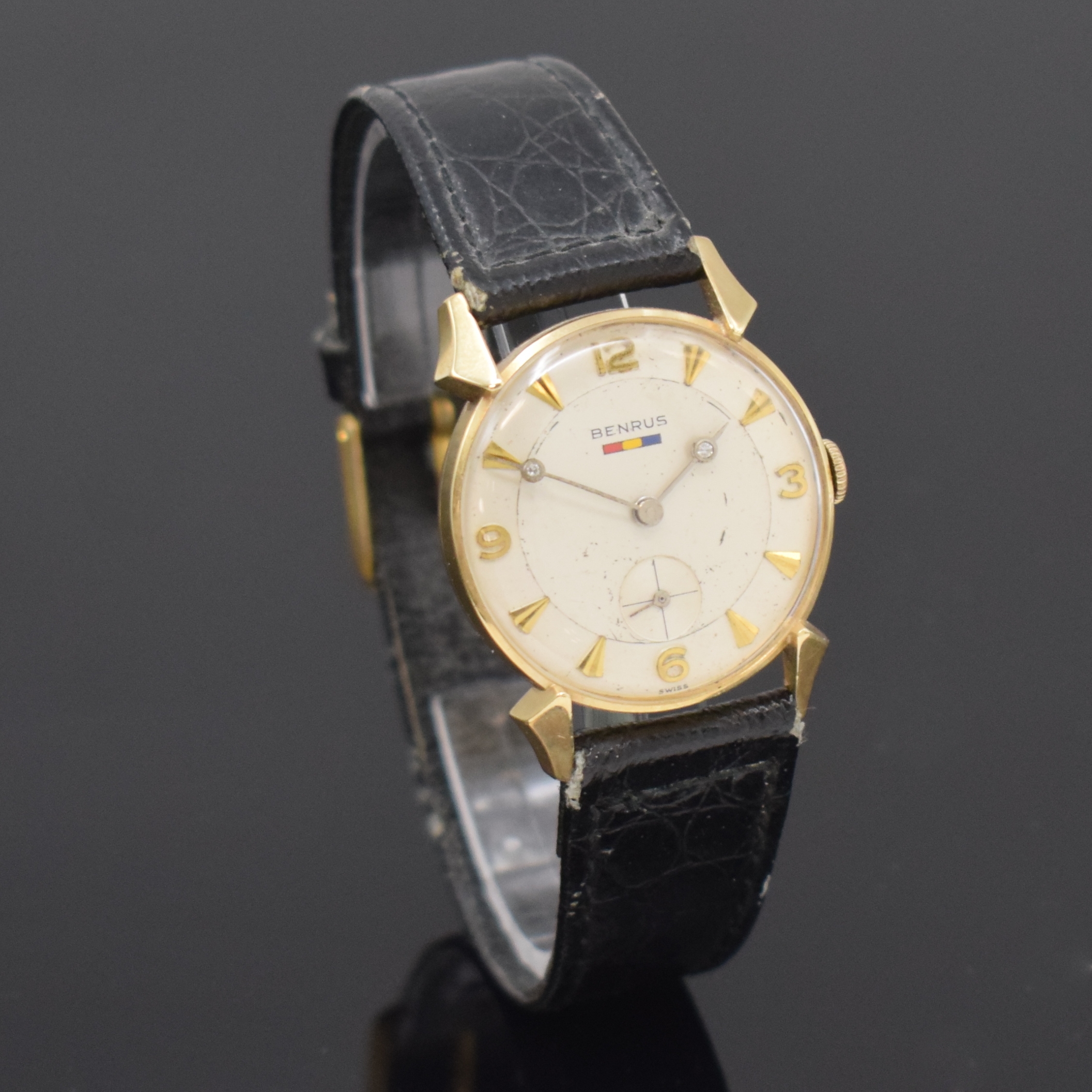 Detail c: BENRUS Armbanduhr in GG 585/000, Handaufzug, Schweiz/USA um 1955, vers. Zifferbl. m. gold. Indizes altersbed. fl., Zeiger m. Diamanten besetzt, rhod. ...