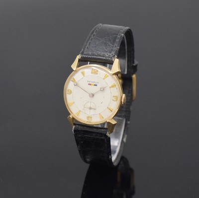 Image 26743881 - BENRUS 14k yellow gold wristwatch, manual winding, Switzerland/USA around 1955, silvered dial with gilded indices due to age spotty, hands set with diamonds, rhodium plated lever movement calibre DN 21, 17 jewels, screw- balance, diameter approx. 30 mm, condition 2- 3, property of a collector