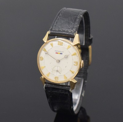 26743881a - BENRUS 14k yellow gold wristwatch, manual winding, Switzerland/USA around 1955, silvered dial with gilded indices due to age spotty, hands set with diamonds, rhodium plated lever movement calibre DN 21, 17 jewels, screw- balance, diameter approx. 30 mm, condition 2- 3, property of a collector