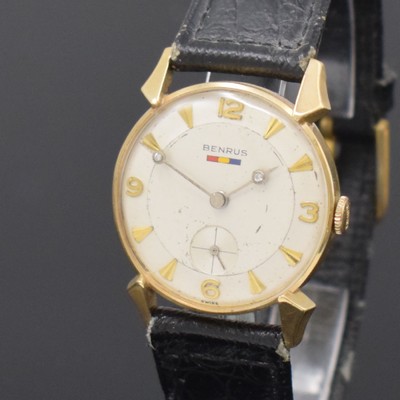26743881b - BENRUS 14k yellow gold wristwatch, manual winding, Switzerland/USA around 1955, silvered dial with gilded indices due to age spotty, hands set with diamonds, rhodium plated lever movement calibre DN 21, 17 jewels, screw- balance, diameter approx. 30 mm, condition 2- 3, property of a collector