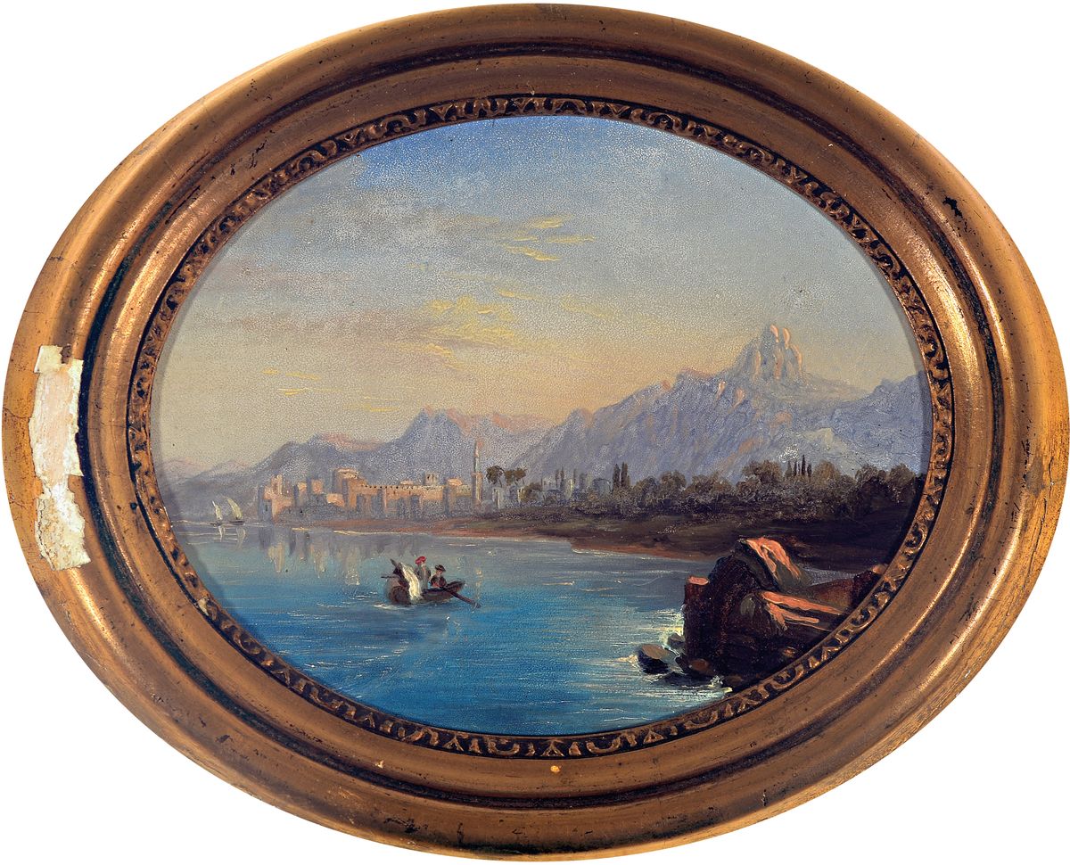 Unbekannter Künstler des 19. Jh., Ansicht aus Oberägypten, Öl/Holz, im Oval ca. 15x18cm, Rahmen ca. 20x28cm