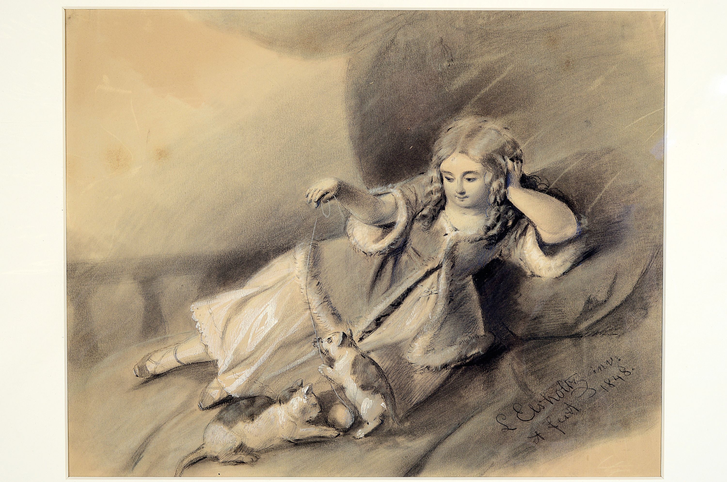 Detail k: Ludwig Elsholtz, 1805-1850 Berlin, liegendes Mädchen mit zwei Kätzchen spielend, lavierte Tuschfederzeichnung mit Deckweiss, re. u. sign. und dat. ...