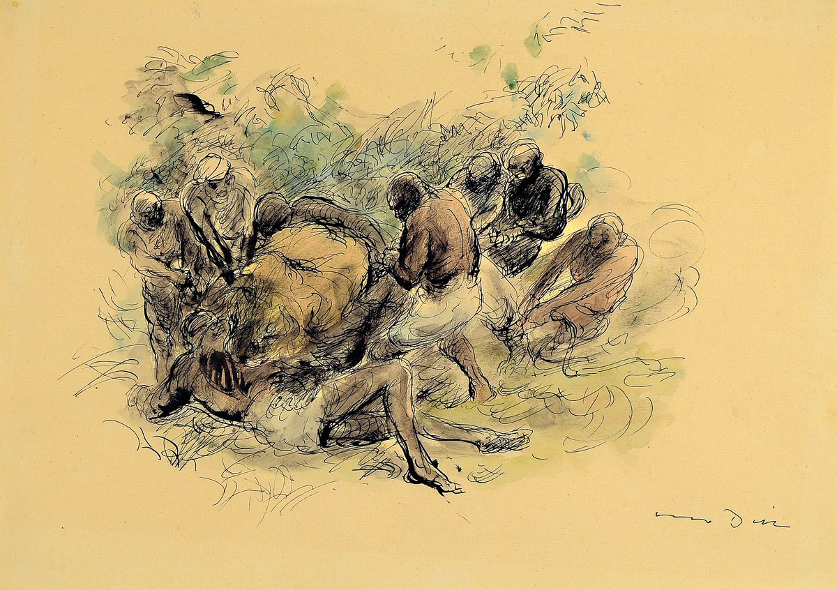 Otto Dill, 1884 Neustadt-1957 Bad Dürkheim, sieben Männer versuchen einen Löwen von seinem menschlichen Opfer abzuhalten, aquarellierte ...