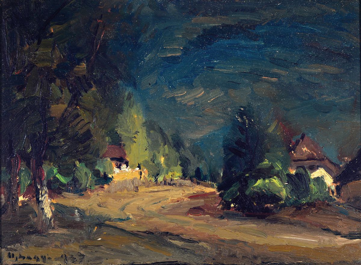 Oszcar Nagy, 1883-1965, Ungarn, Landschaft mit Dorfstraße, Öl/Malkarton, links unten signiert und dat. 1937, ca. 21x28cm, R. ca. 25x32cm