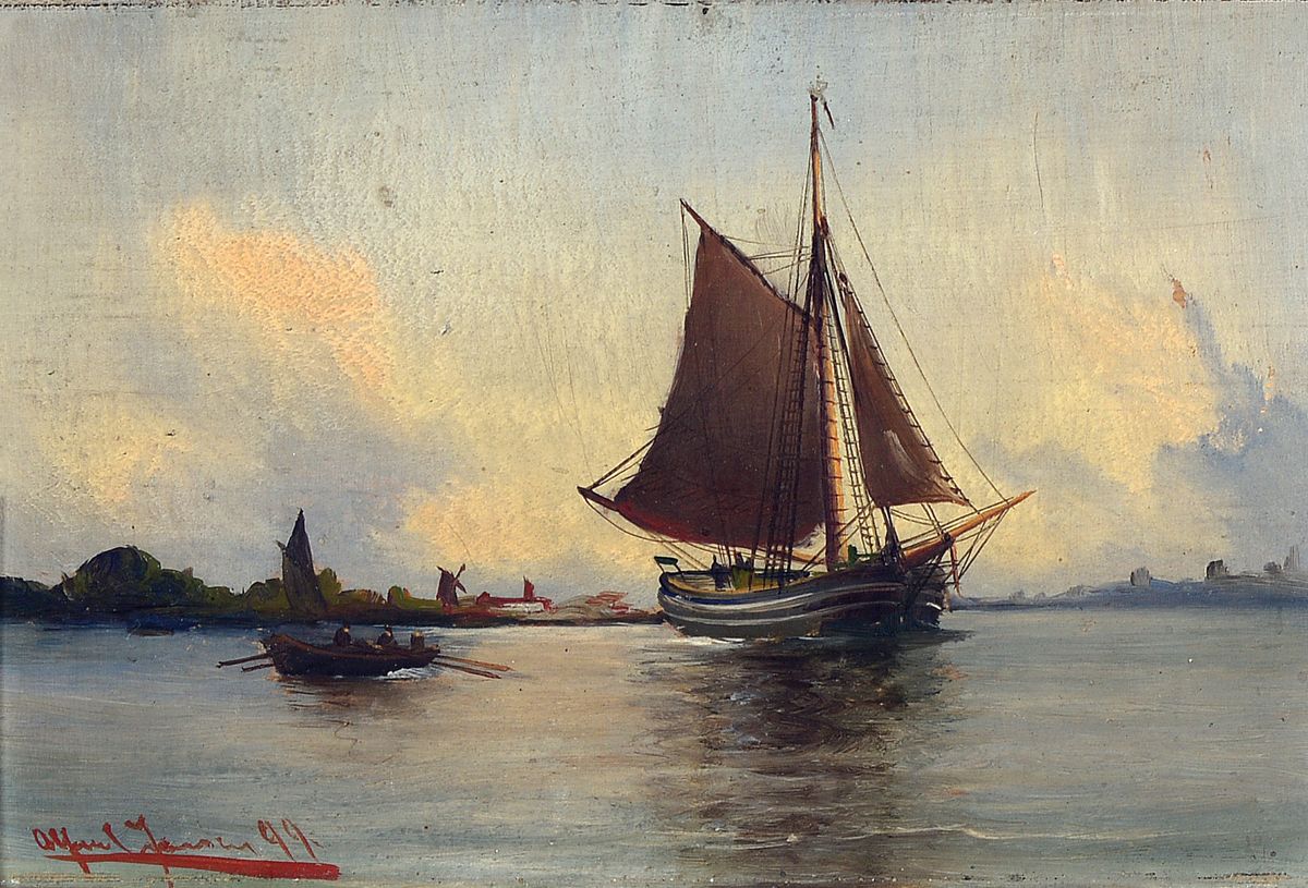 Alfred Jensen, 1859 Randers-1935 Hamburg, Segelschiff auf ruhiger See, links vorne ein Ruderboot, im Hintergrund eine Stadtkulisse, Öl/Holz, links ...