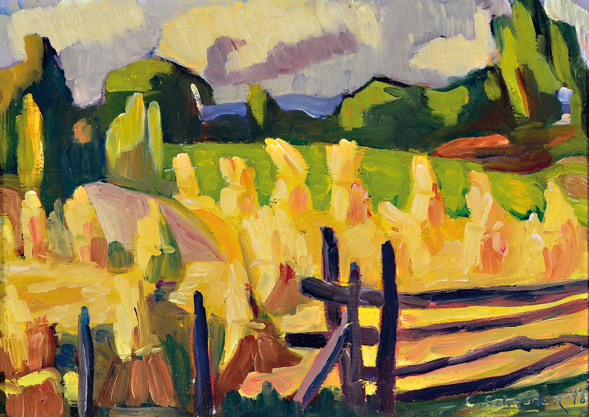 Carl Schröder, 1870-1952, Sommerliche Landschaft mit Garben und Zaun, expressionistische Malweise, Öl/Malkarton, rechts unten sign., ca. 25x34cm, ...