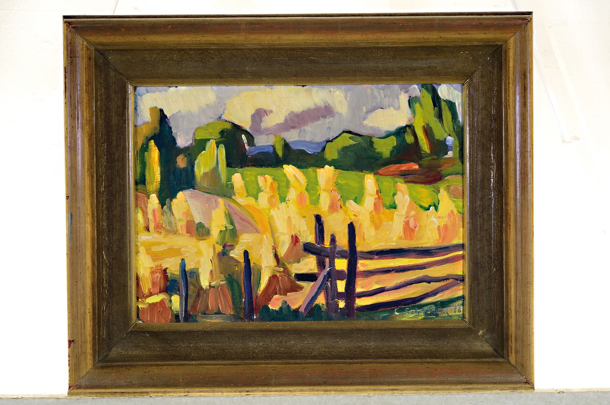 Detail k: Carl Schröder, 1870-1952, Sommerliche Landschaft mit Garben und Zaun, expressionistische Malweise, Öl/Malkarton, rechts unten sign., ca. 25x34cm, ...