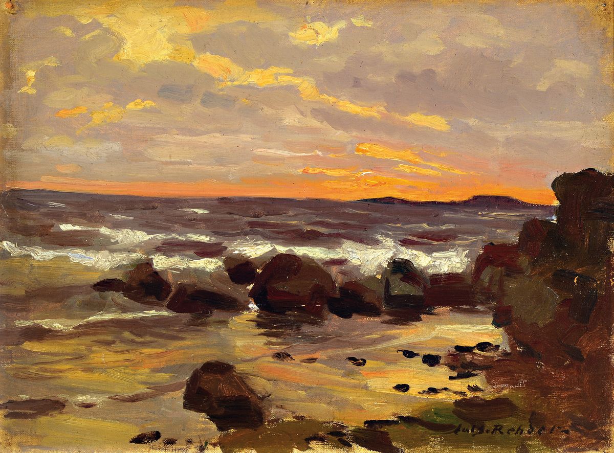 Julius Christian Rehder, 1861 Flensburg-1955 Essen, Brandung im Abendrot, Öl/Hartfaser, rechts unten signiert, ca. 33x45cm, R. ca. 36x48cm