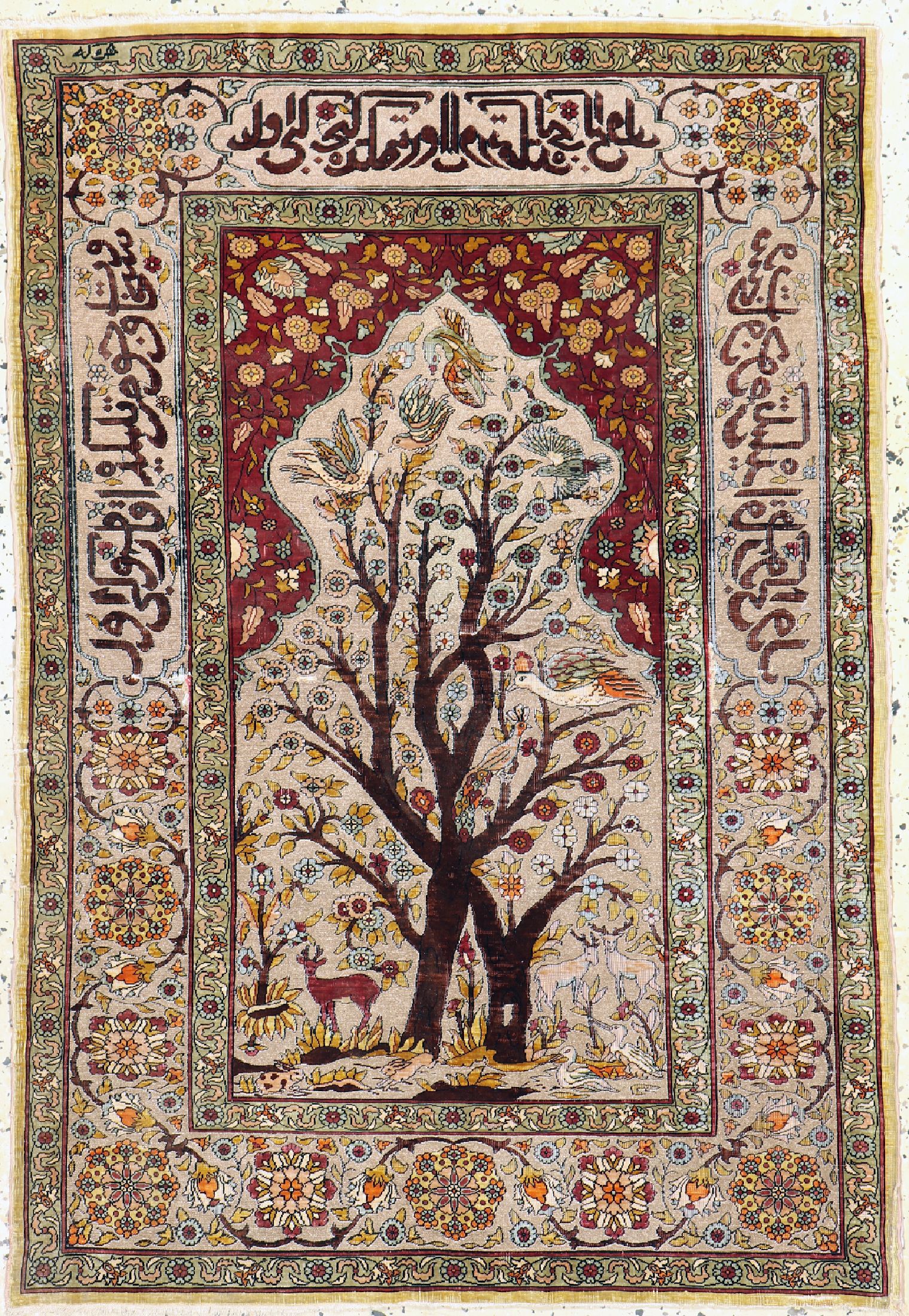 Hereke Seide fein Türkei, signiert, um 1940, reine Naturseide"Metallbroschiert", ca. 115 x 79 cm, EHZ: 4(mehrere kleine Risse, auf Stoff ...