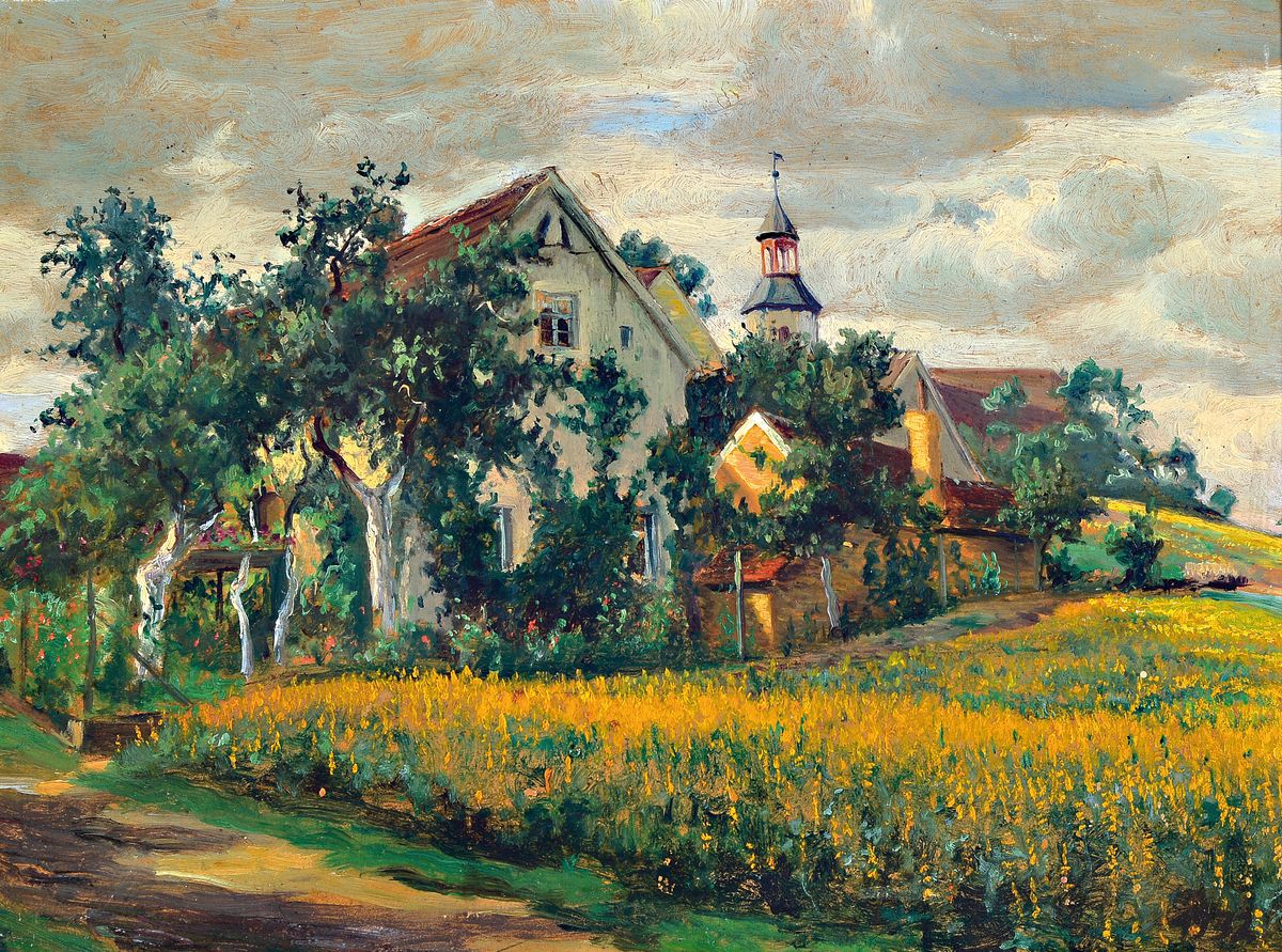 Hans Deiters, 1868 Düsseldorf-1922 München, Blick über ein blühendes Feld auf eine Ortschaft, Öl/Malkarton, rückseitig Nachlaßstempel, ca. ...