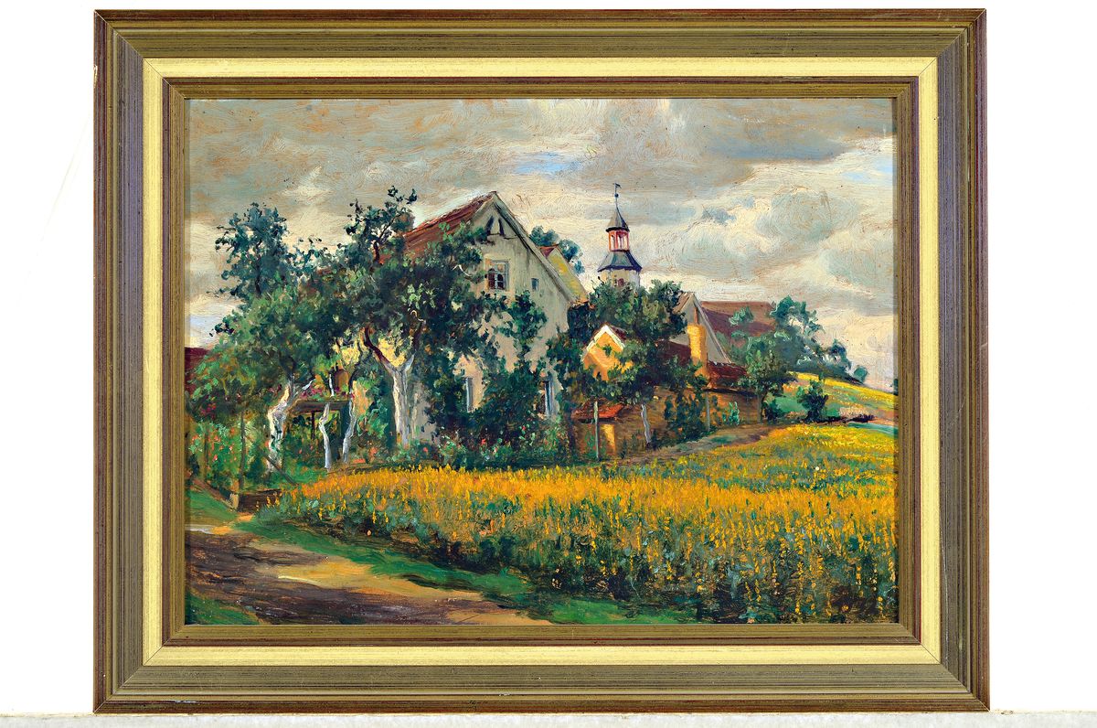 Detail k: Hans Deiters, 1868 Düsseldorf-1922 München, Blick über ein blühendes Feld auf eine Ortschaft, Öl/Malkarton, rückseitig Nachlaßstempel, ca. ...