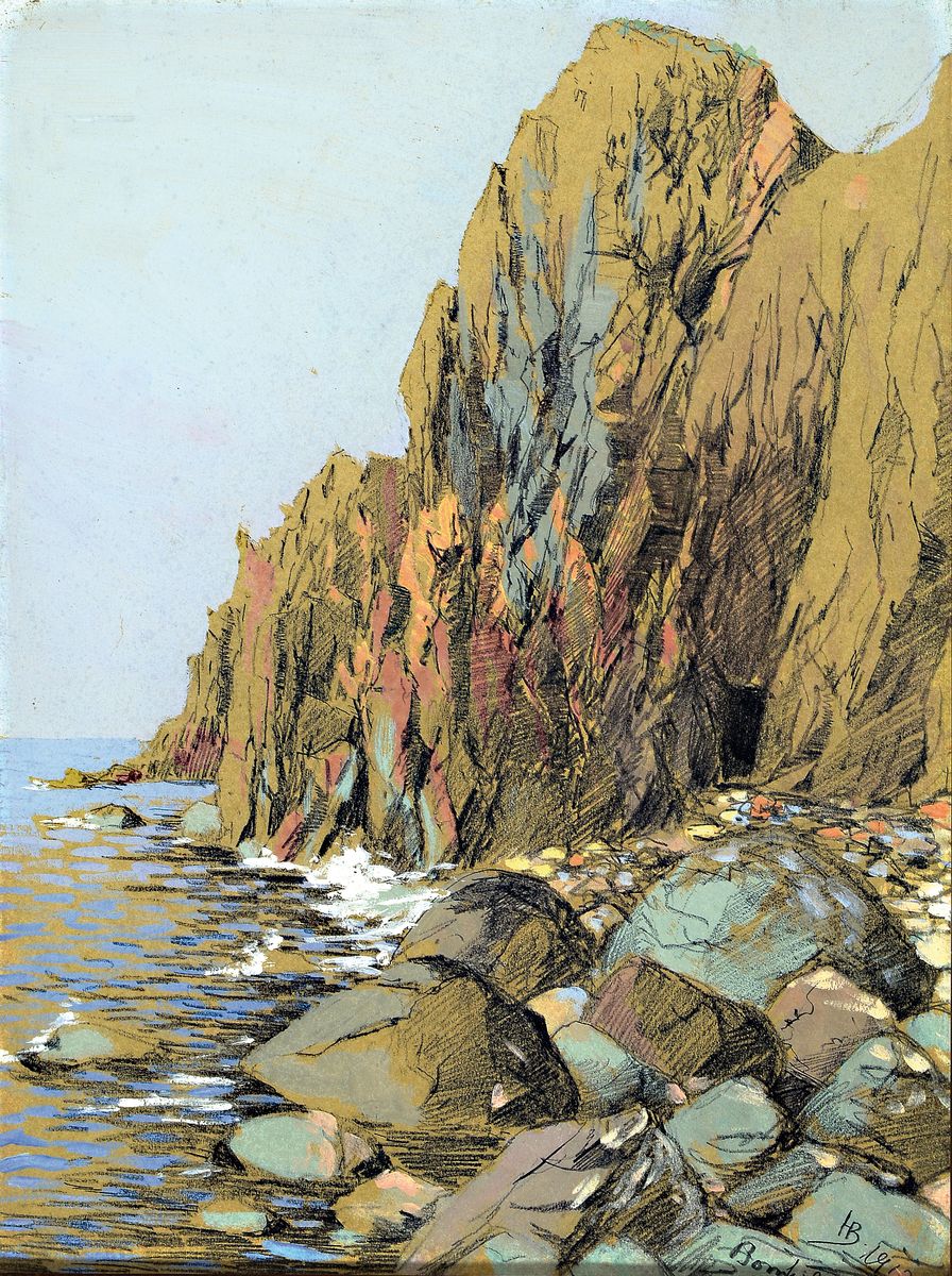 Johannes Herman Brandt, 1850-1926, Ansicht aus Bornholm, Bleistift, Farbstift und Deckweiß auf Papier, re. u. monogr. und dat. 1912, bez.: Bornholm, ...