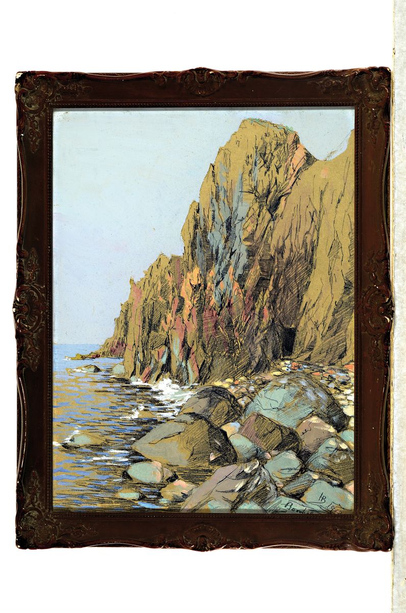 Detail k: Johannes Herman Brandt, 1850-1926, Ansicht aus Bornholm, Bleistift, Farbstift und Deckweiß auf Papier, re. u. monogr. und dat. 1912, bez.: Bornholm, ...