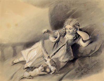 Image 26744741 - Ludwig Elsholtz, 1805-1850 Berlin, lying girl playing with two kittens, washed pen and ink drawing with opaque white, signed lower right and dated 1848, approx. 26x33cm, PP