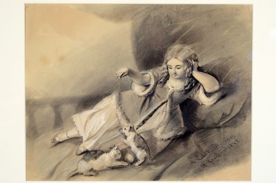 26744741k - Ludwig Elsholtz, 1805-1850 Berlin, lying girl playing with two kittens, washed pen and ink drawing with opaque white, signed lower right and dated 1848, approx. 26x33cm, PP