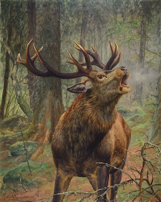 Image 26744743 - Carl Zimmermann, 1864 Halberstadt-1930 Goslar,roaring deer in a dense forest, oil/canvas, signed lower right, approx. 100x80cm, frame approx. 118x98cm