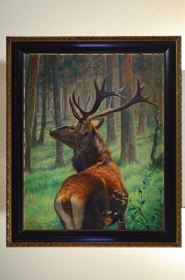 26744744k - Carl Zimmermann, 1864 Halberstadt-1930 Goslar,deer in the forest, oil/canvas, lower left sign., approx. 100x80cm, frame approx. 118x98cm
