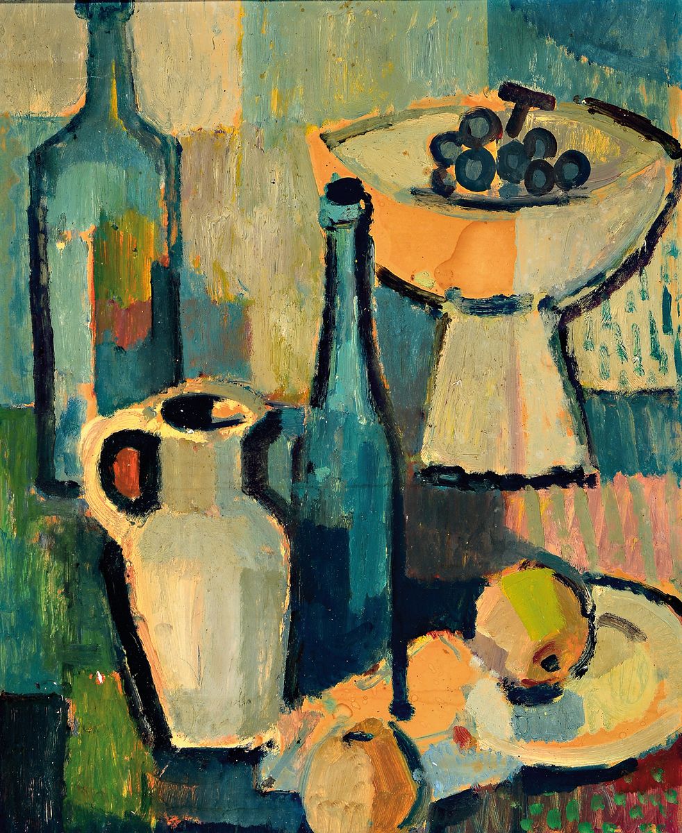 Roland Geffers, 1921-1975, Stillleben mit Gefäßen und Obst, Öl/Hartfaser, Spachteltechnik, rückseitig signiert, ca. 57x47cm, R. ca. 67x57cm