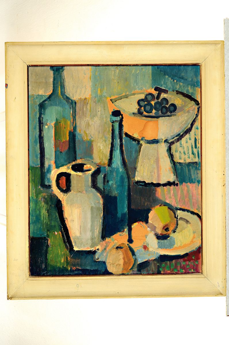 Detail k: Roland Geffers, 1921-1975, Stillleben mit Gefäßen und Obst, Öl/Hartfaser, Spachteltechnik, rückseitig signiert, ca. 57x47cm, R. ca. 67x57cm