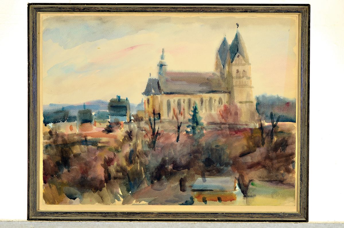 Detail k: Paul Drossé, 1904 Koblenz-1966 Tübingen, Blick auf Ravengiersburg und die Kirche St. Christophorus, die "Hunsrückdom" genannt wird, ...