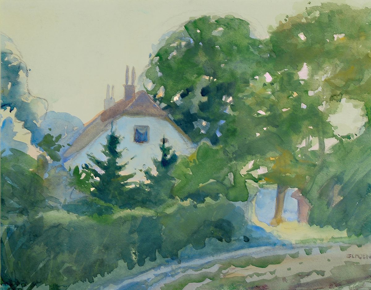 Fritz Schoen, geb. 1871 Darkehnen in Ostpreussen, Straße in Rauschen, Aquarell auf Papier, re. u. sign., ca. 25.5x32.5cm, PP, u.Gl., R. ca. 42x48cm