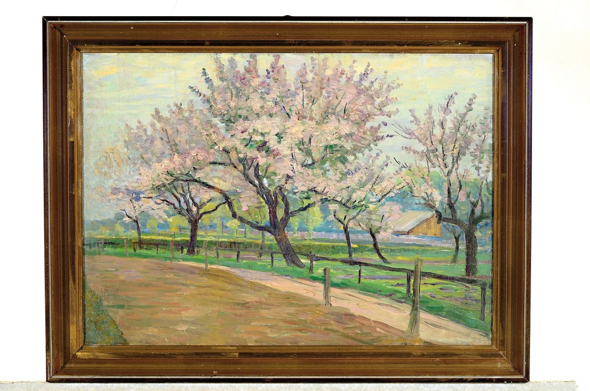 Detail k: Carl Schmitz-Pleis, 1877 Süchterscheid-1943 Düsseldorf, Blühende Bäume im Pleistal, rückseitig so betitelt, Öl/Malkarton, rückseitig ...