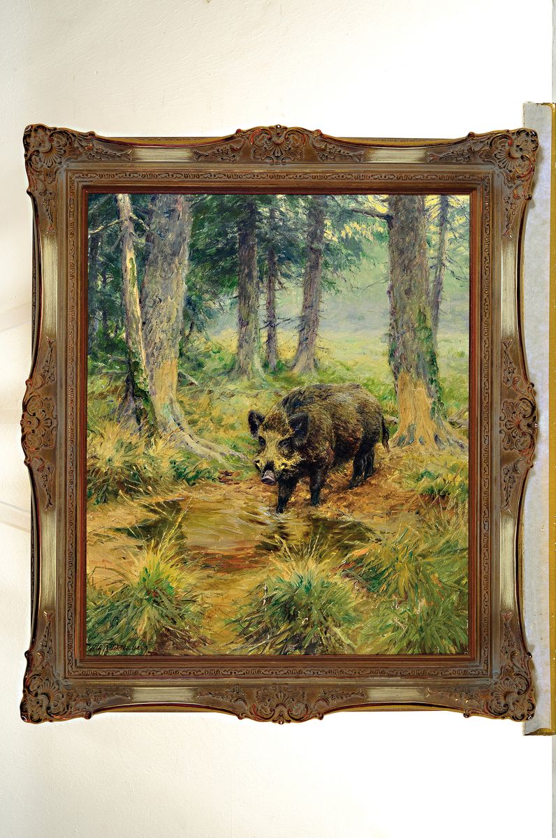 Detail k: Wilhelm Buddenberg, 1890 Trier-1967 Neuss, Keiler im Wald, Öl/Lwd, links unten sign., ca. 60x50cm, R. ca. 73x63cm
