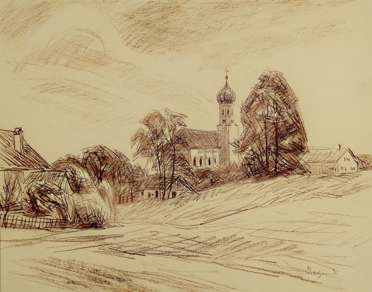 Detail a: Daniel Wohlgemuth, 1876 Albisheim-1967 Gundersheim, Konvolut aus 5 Arbeiten: 1) Bei Berchtesgaden Blick gen Obersalzberg, Pastell auf Papier, links ...