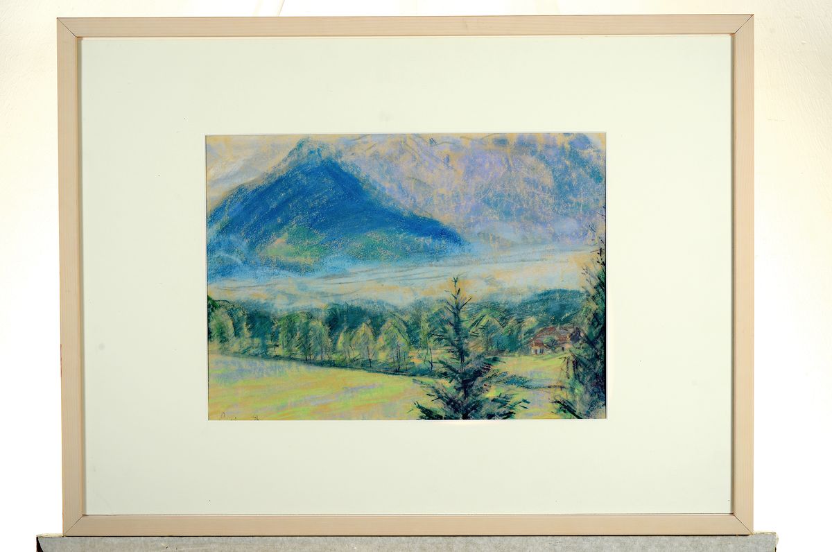 Detail k: Daniel Wohlgemuth, 1876 Albisheim-1967 Gundersheim, Konvolut aus 5 Arbeiten: 1) Bei Berchtesgaden Blick gen Obersalzberg, Pastell auf Papier, links ...
