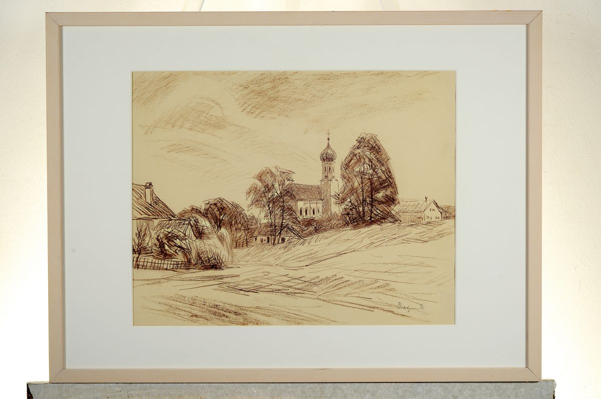 Detail l: Daniel Wohlgemuth, 1876 Albisheim-1967 Gundersheim, Konvolut aus 5 Arbeiten: 1) Bei Berchtesgaden Blick gen Obersalzberg, Pastell auf Papier, links ...