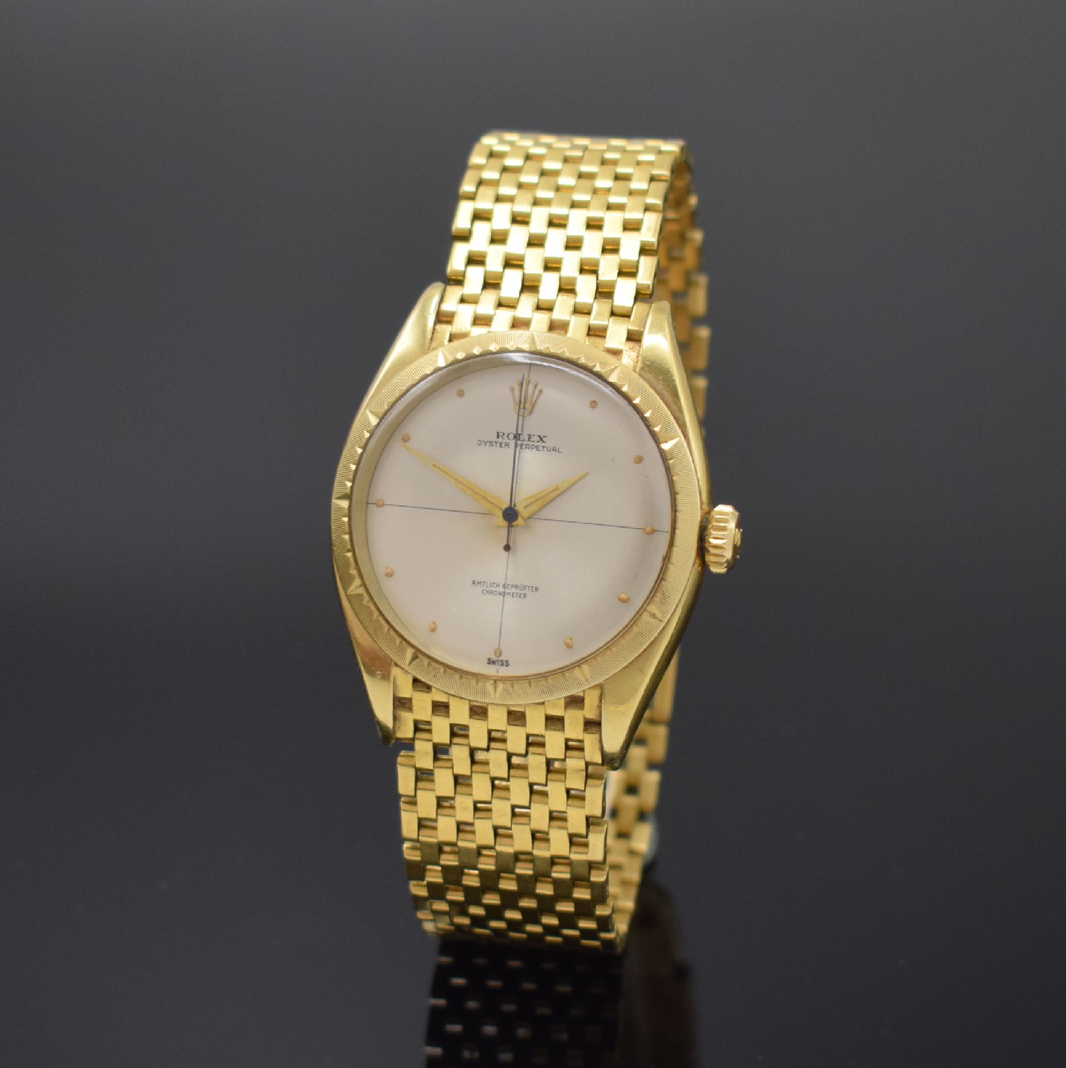 ROLEX Zephyr sehr seltene "AMTLICH GEPRÜFTER CHRONOMETER" Herrenarmbanduhr Referenz 6582, Schweiz um 1955, GG 585/000 Geh. an festen ...