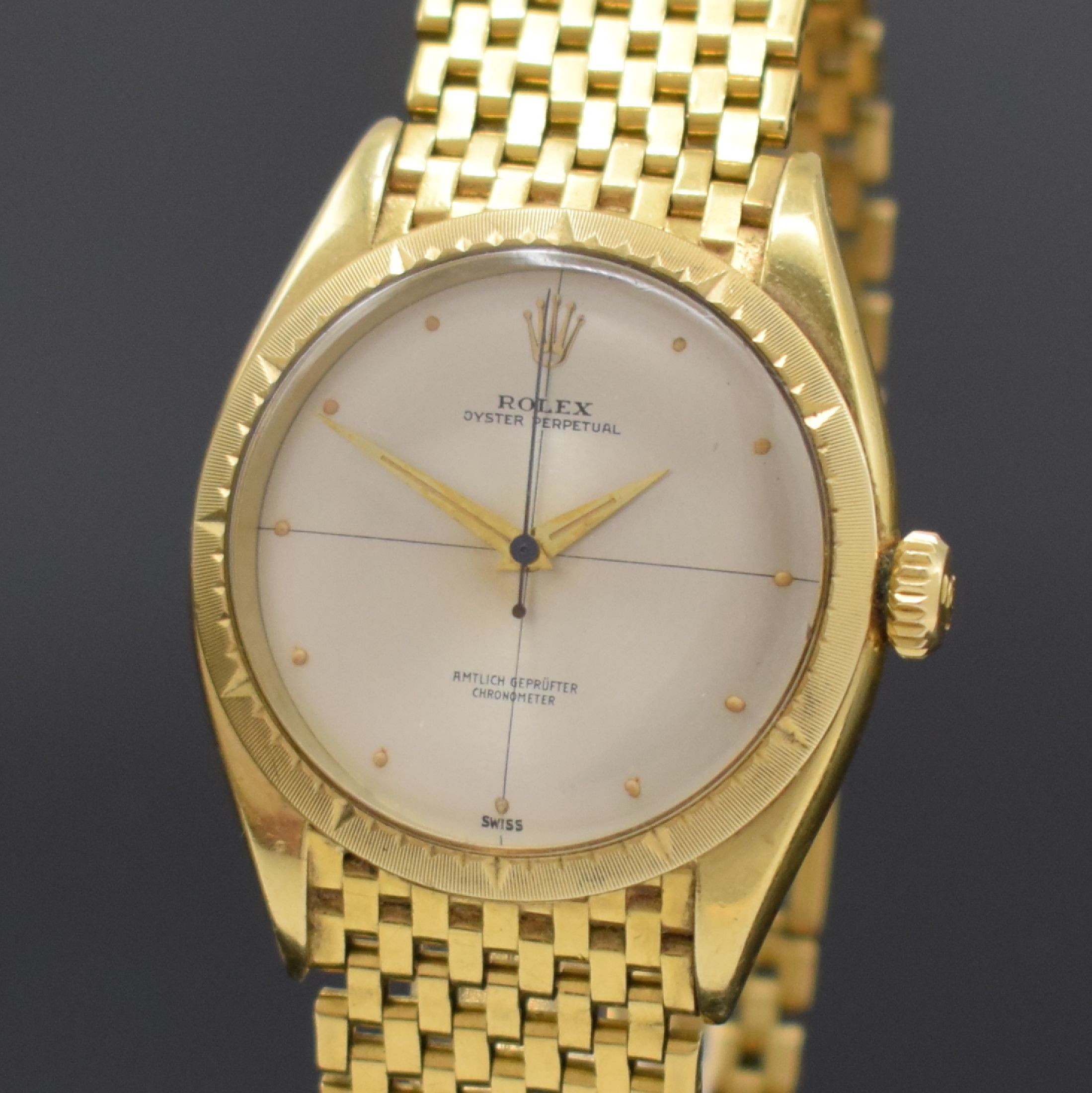 Detail a: ROLEX Zephyr sehr seltene "AMTLICH GEPRÜFTER CHRONOMETER" Herrenarmbanduhr Referenz 6582, Schweiz um 1955, GG 585/000 Geh. an festen ...