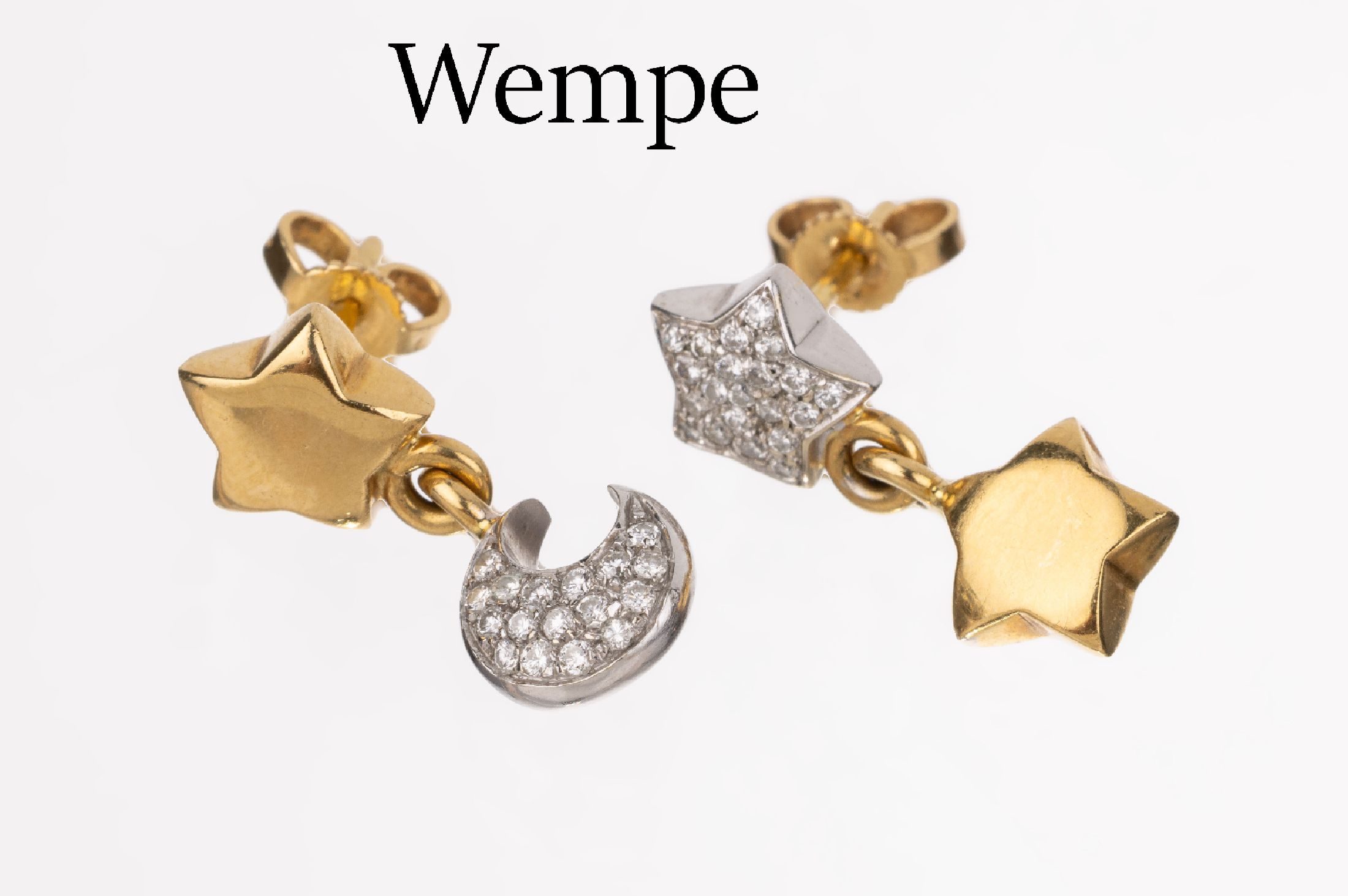 Paar 18 kt Gold WEMPE Brillant-Ohrstecker, GG/WG 750/000, bewegl. abgehängter Stern und Halbmond mit Brillanten zus. ca. 0.26 ct feines Weiß/lr, ...