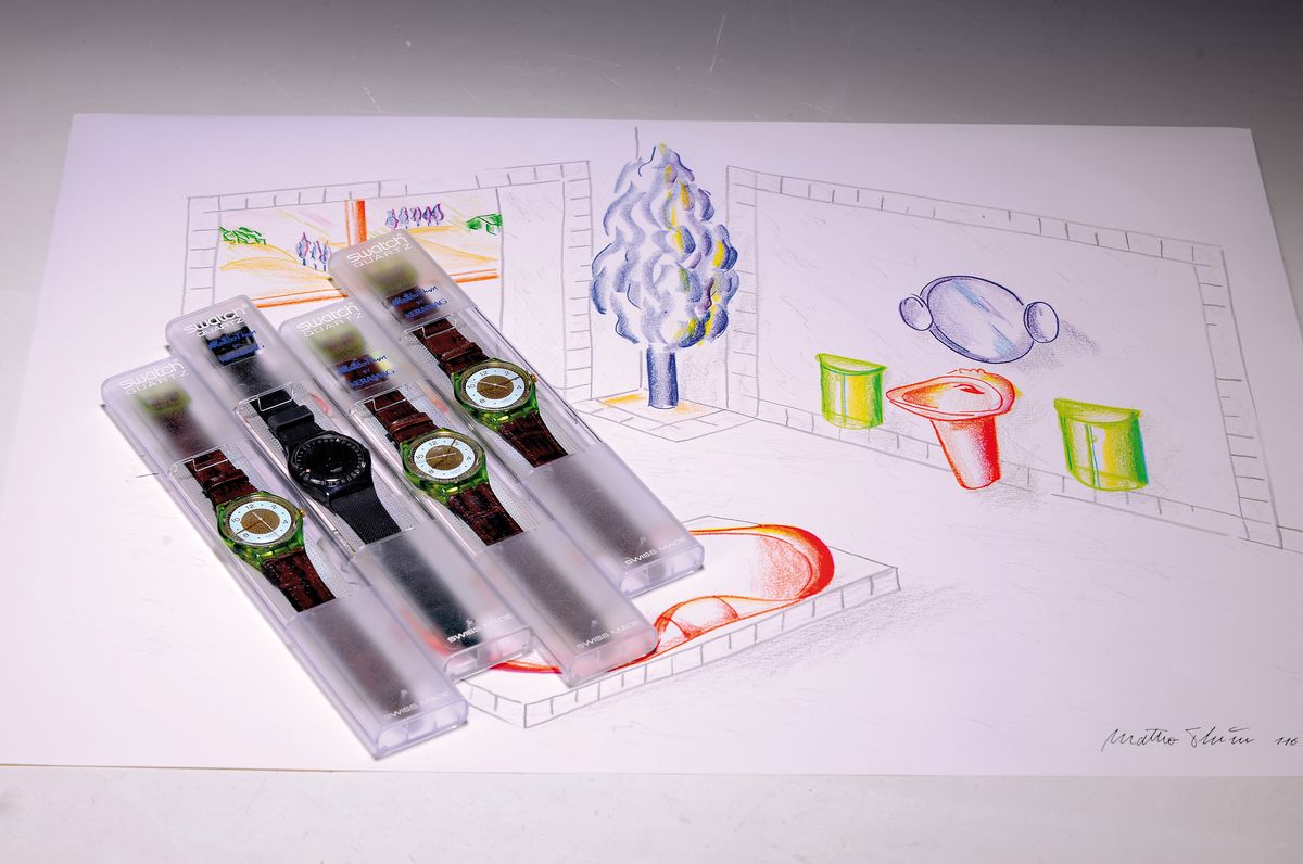 Mattheo Thun, geb. 1952, Konvolut aus einer handsignierten Lithographie und 4 Swatch-Uhren, anlässlich der Einführung der Künstler -Kollektion in ...