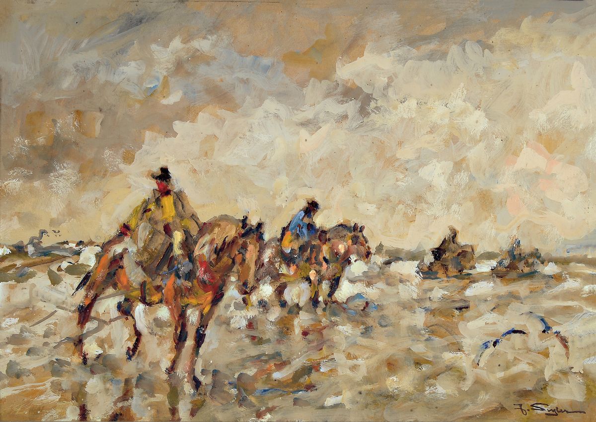 Julius Seyler, 1873-1958 München, Crevettenfischer am Strand, Öl/Malkarton, rechts unten signiert, unter Glas gerahmt, ca.35x51/46x61 cm; Seyler ...