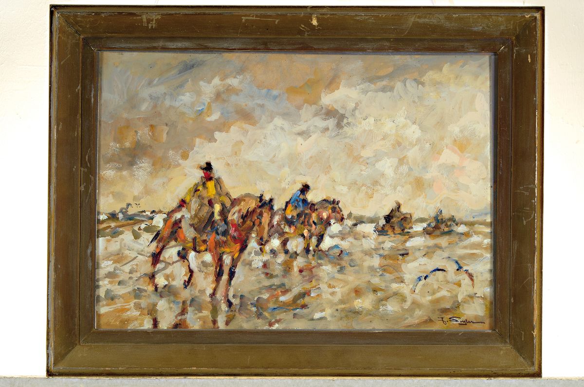 Detail k: Julius Seyler, 1873-1958 München, Crevettenfischer am Strand, Öl/Malkarton, rechts unten signiert, unter Glas gerahmt, ca.35x51/46x61 cm; Seyler ...