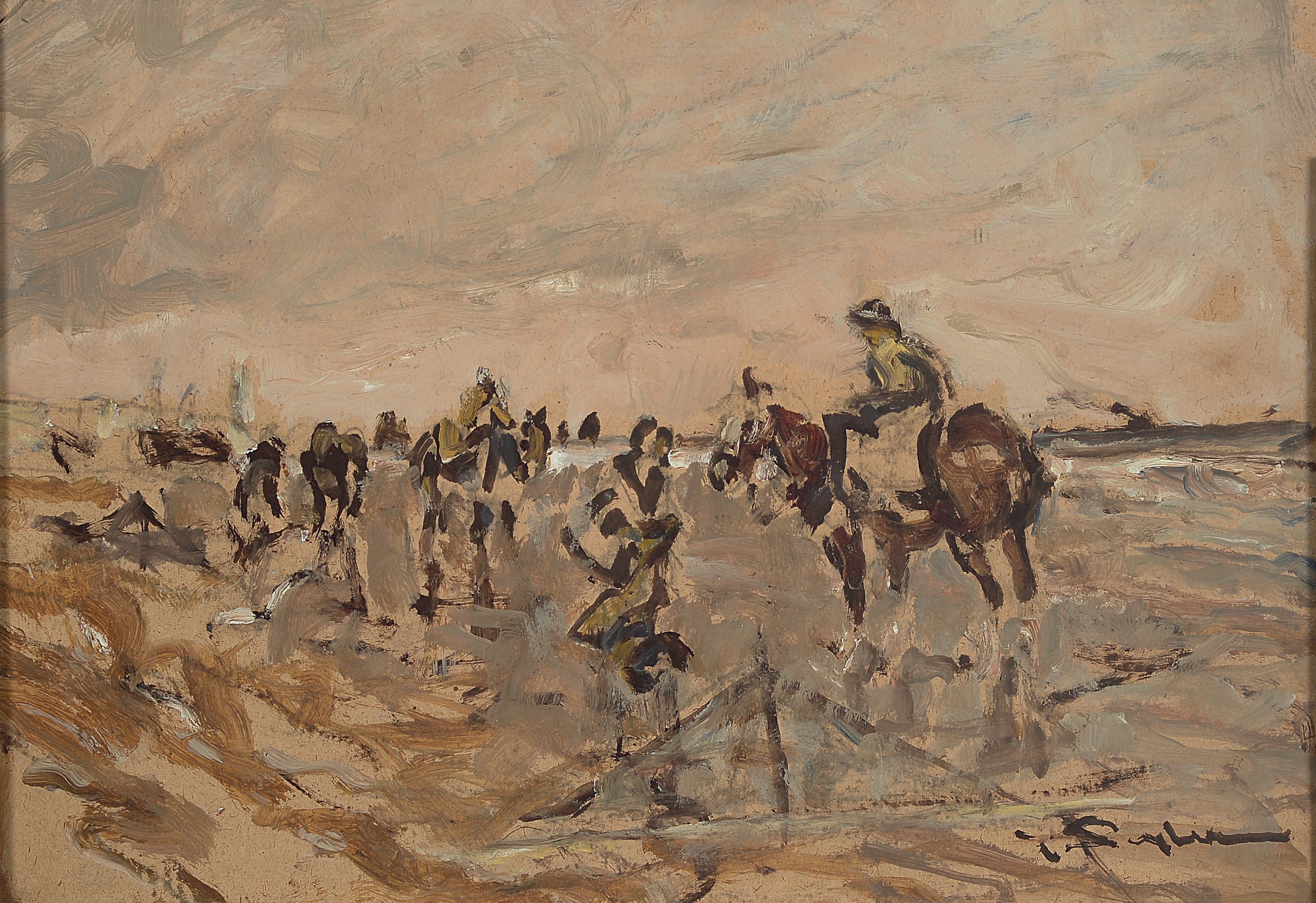 Julius Seyler, 1873-1958 München, Crevettenfischer am Strand, Öl/Malkarton, rechts unten signiert, unter Glas gerahmt, ca.34x50/52x67 cm, ...