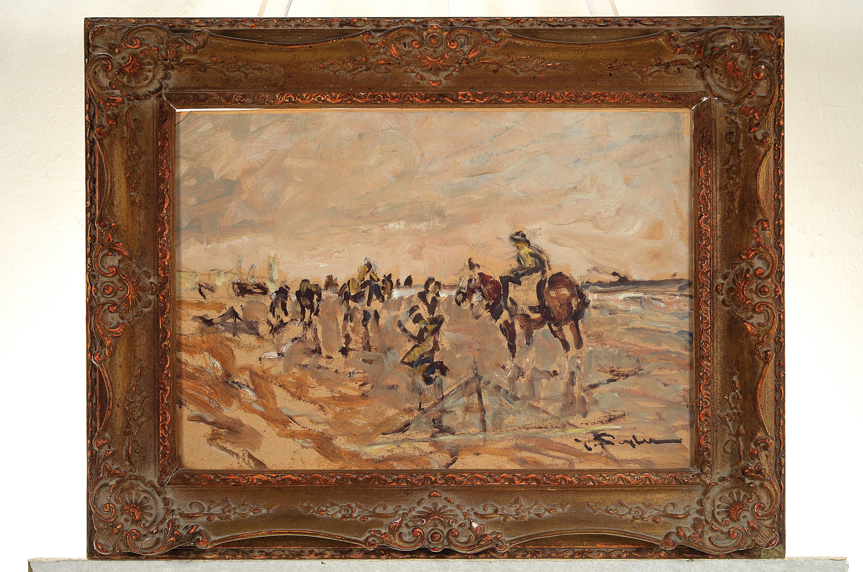 Detail k: Julius Seyler, 1873-1958 München, Crevettenfischer am Strand, Öl/Malkarton, rechts unten signiert, unter Glas gerahmt, ca.34x50/52x67 cm, ...