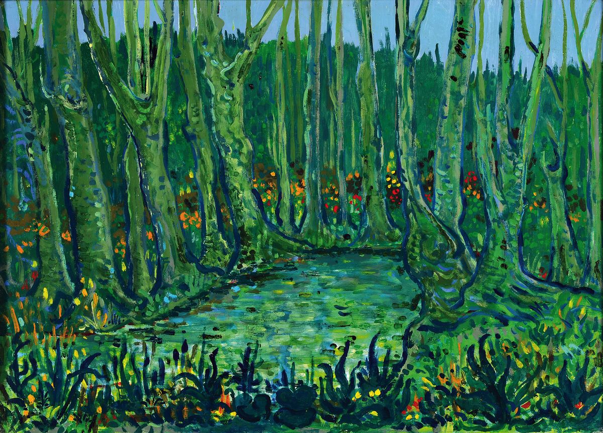 Alois Scharl, 1922 München-1994 Altdorf, spätherbsliche Waldlandschaft mit Tümpel, Öl/Malkarton, rückseitig signiert und datiert 1986, unter ...