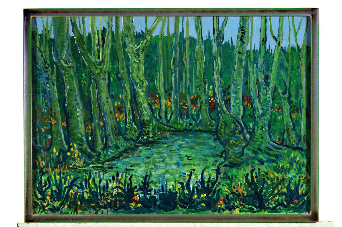Detail k: Alois Scharl, 1922 München-1994 Altdorf, spätherbsliche Waldlandschaft mit Tümpel, Öl/Malkarton, rückseitig signiert und datiert 1986, unter ...