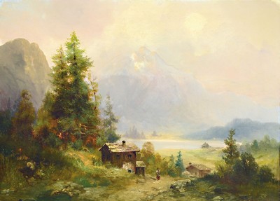 Image 26745377 - Unknown late romanticist from the 2nd half of the 19th century, foothills of the Alps with ahut by the lake, figure staffage, remains of an old signature in red at the bottom right, oil/canvas, 53x72 cm, frame rubbed 71x90 cm