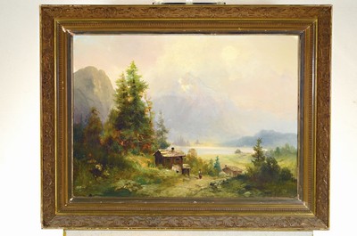 26745377k - Unknown late romanticist from the 2nd half of the 19th century, foothills of the Alps with ahut by the lake, figure staffage, remains of an old signature in red at the bottom right, oil/canvas, 53x72 cm, frame rubbed 71x90 cm