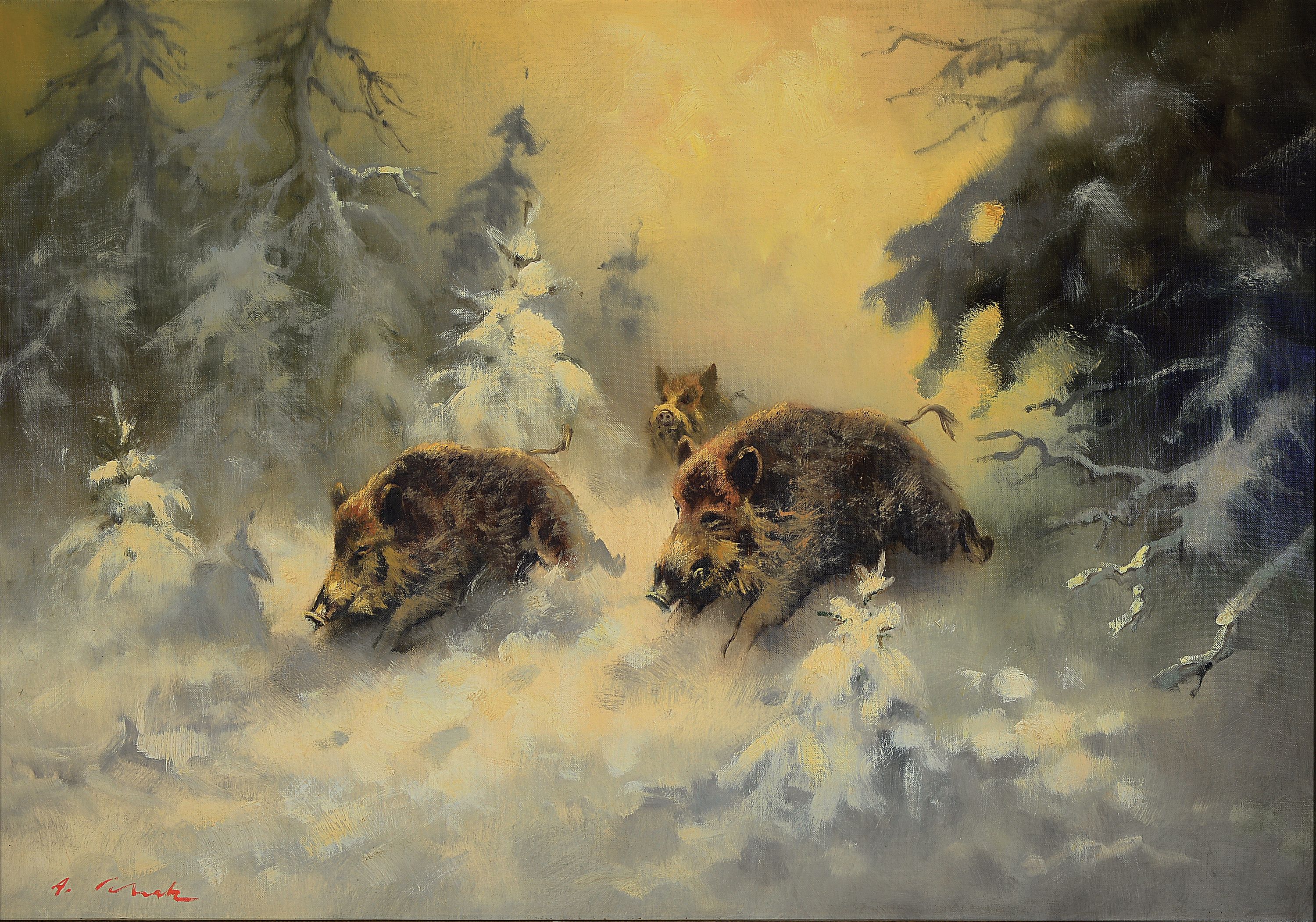 Arnold Schatz, 1929-1999, Wildschweinrotte in Winterwald, links unten signiert, Öl/Lwd, 70x100 cm, Rahmen 88x117 cm
