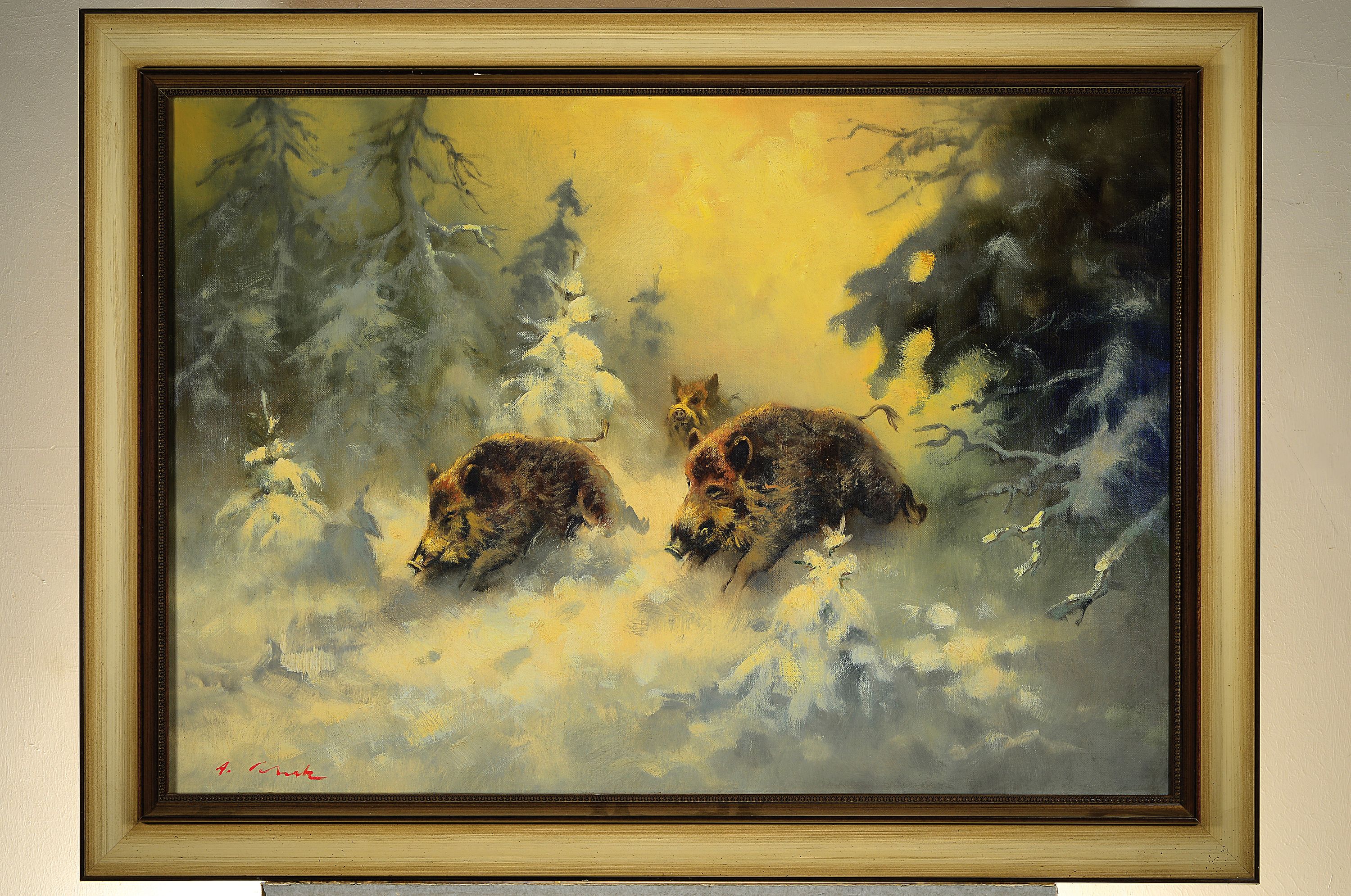 Detail k: Arnold Schatz, 1929-1999, Wildschweinrotte in Winterwald, links unten signiert, Öl/Lwd, 70x100 cm, Rahmen 88x117 cm
